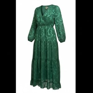 Taylor Green Burnout Floral Tiered Maxi Dress Long Sleeve V Neck Boho